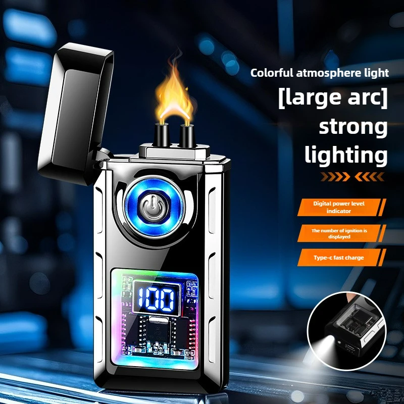 New High Power Electronic Pulse Windproof USB Lighter Outdoor Lighting Digital Battery Display Color Light USB Electric Lighters