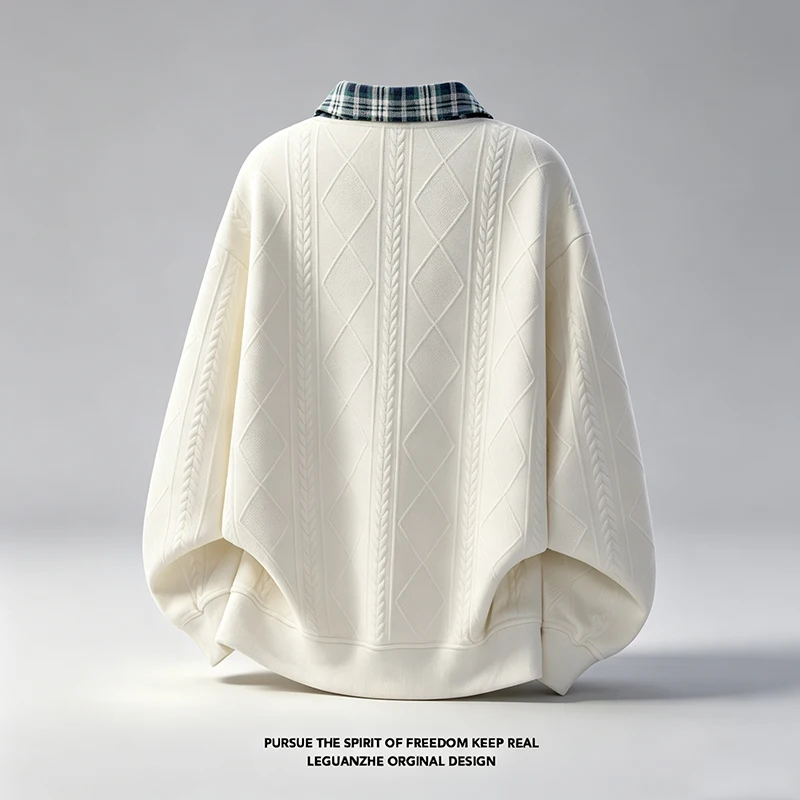 Herren-Sweatshirt mit Kontrastkragen und langen Ärmeln, Herbst-Diamant-Jacquard-Strick, lockere Passform, lässige Oberteile, halber Reißverschluss, Alltagskleidung – Detail 6