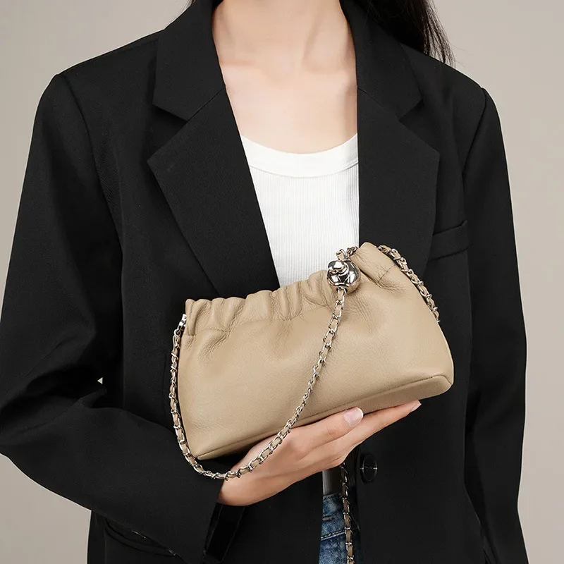 2025 New Fashion High-End Top-Handle Bag for Women, Leather Shoulder Bag with Adjustable Chain and Cloud-Like Ruched Design