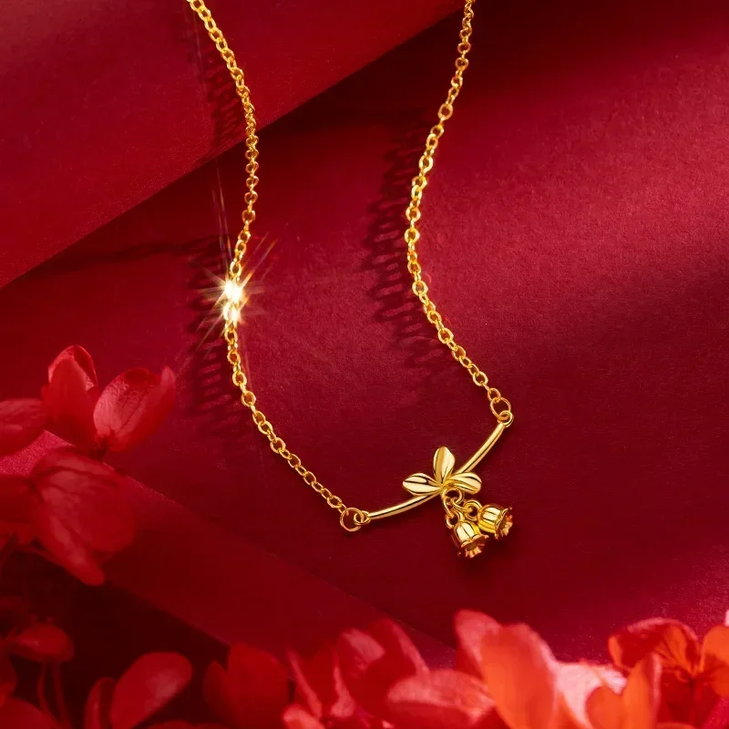 

9999 Real Gold 24K Mori Fresh Lily of The Valley Collarbone Chain Ins Wind Advanced Sense Sweet Necklace