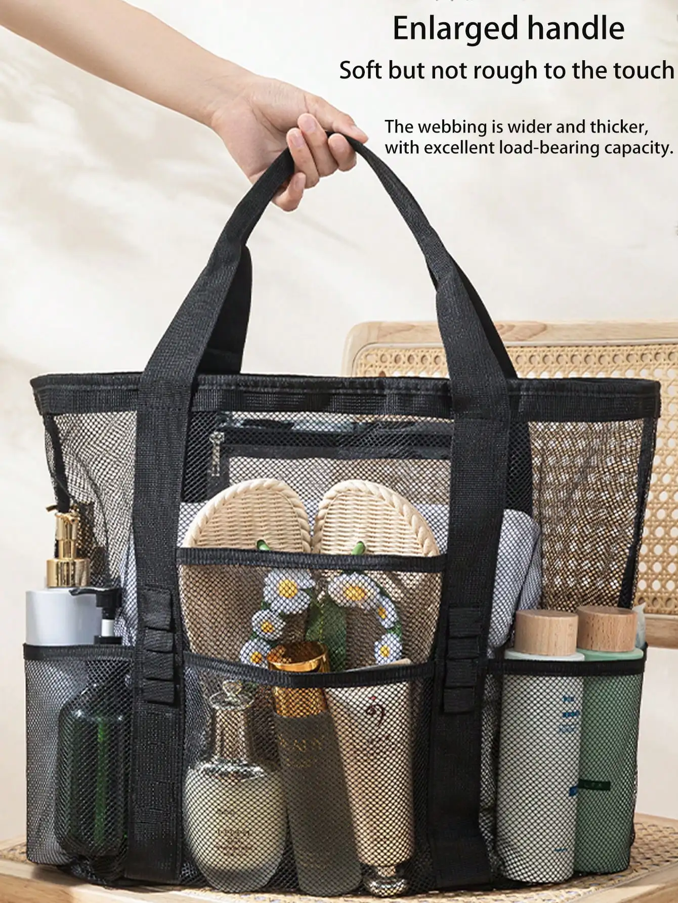 

Extra Large Mesh Tote Bag with Enlarged Handle, Foldable Lightweight Travel Organizer for Beach Pool