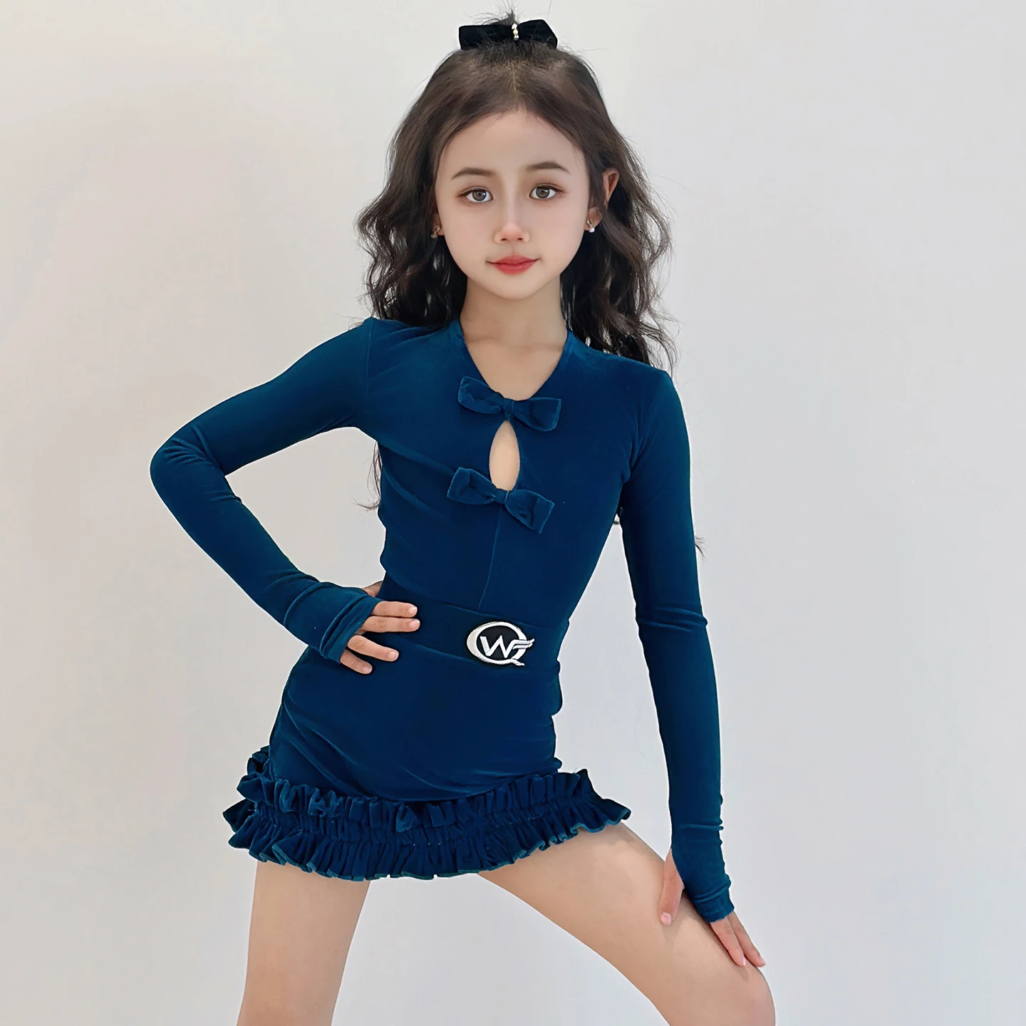 Robe de spectacle de danse de salon bleue à manches longues pour filles, Costume de danse latine pour enfants, vêtements de danse latine Rumba SL14006