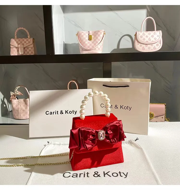 Red Velvet Square Bag Pearl Beaded Handheld Women Handbag Satin Bow Knot Evening Bag Wedding Party Clutch Purse Crossbody Bag