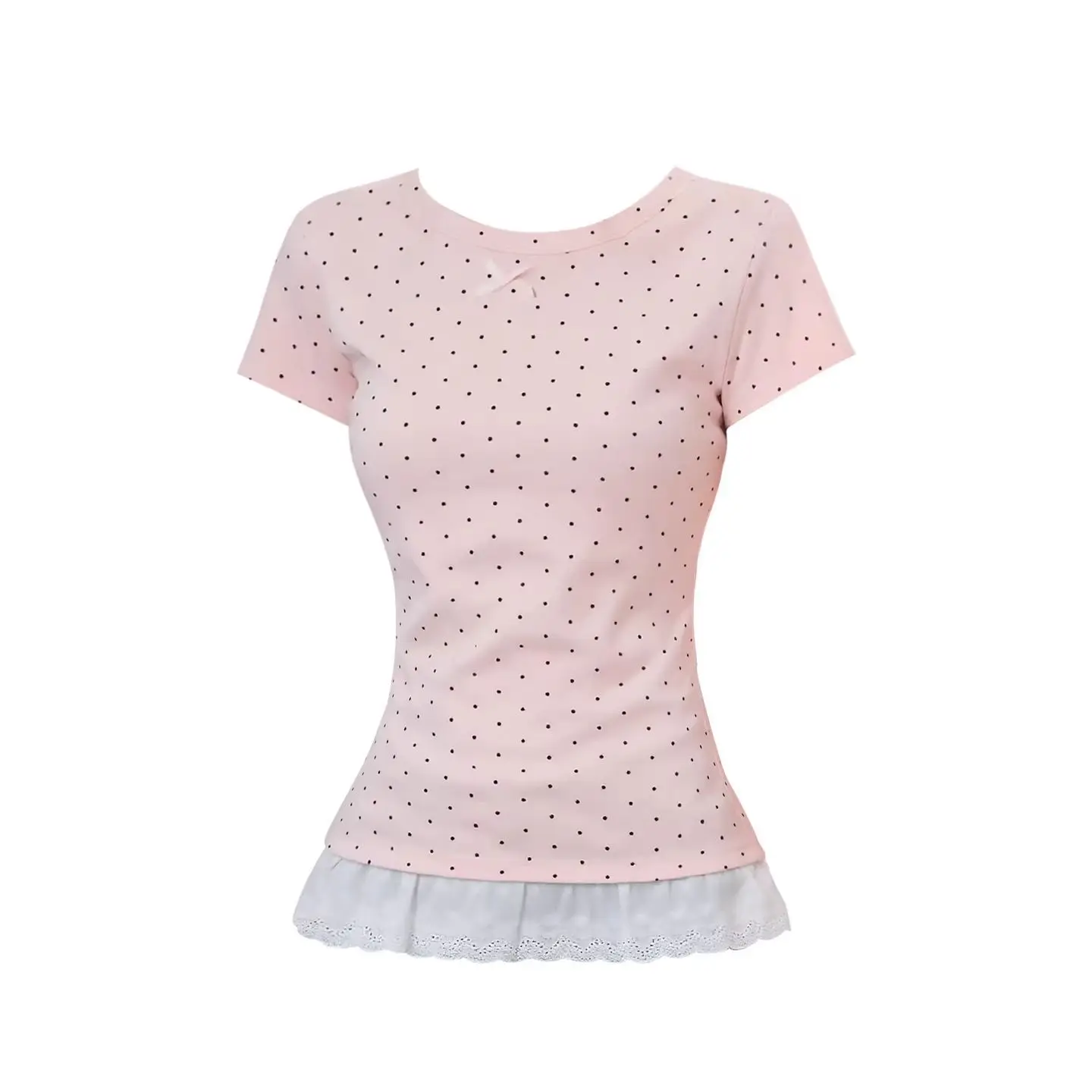 2000s Korean Fashion Polka Dot T Shirts Y2k Harajuku Slim Sweet Lace Patchwork Short Sleeve Tees Japan Style Kawaii Elegant Tops