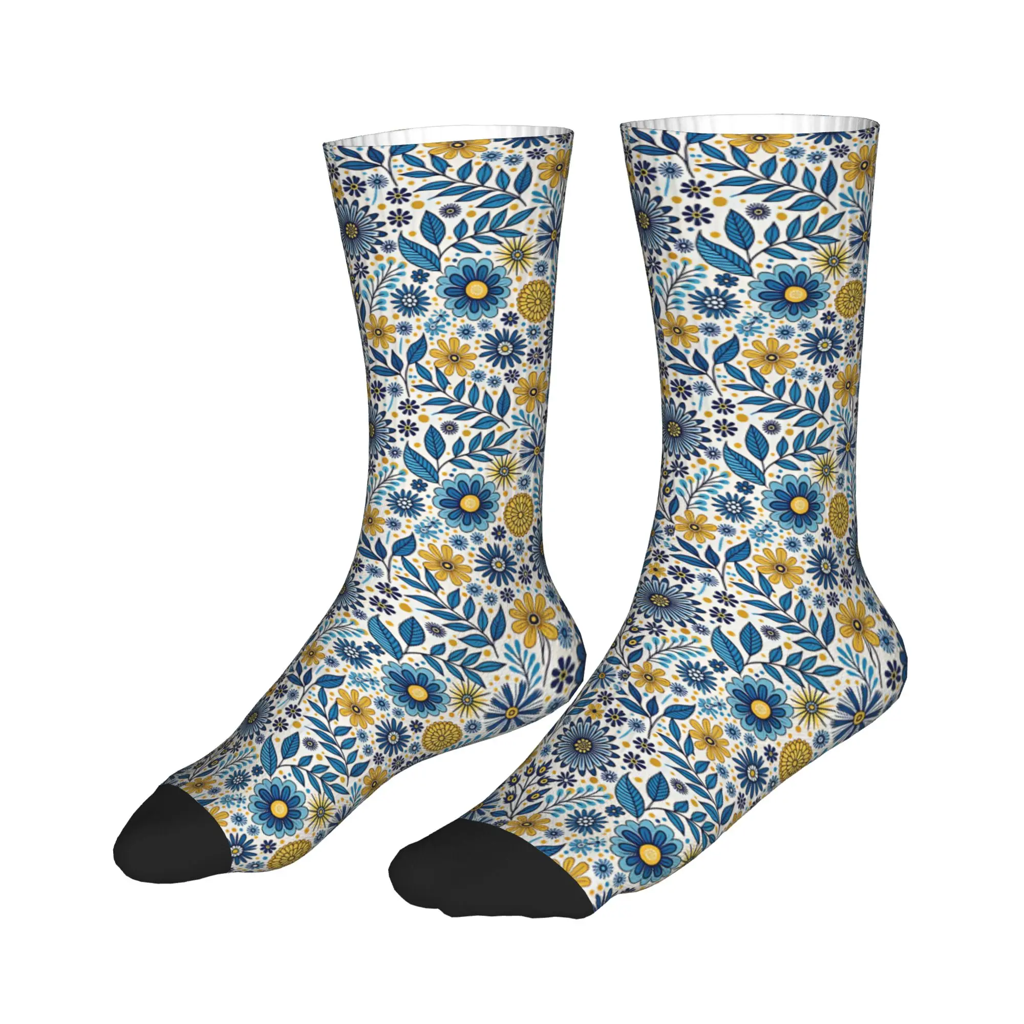 Kawaii Men's Folk Art Talavera Blue Yellow Daisy Floral  Dress Socks Unisex Breathbale Warm 3D Printed  Crew Socks view 3