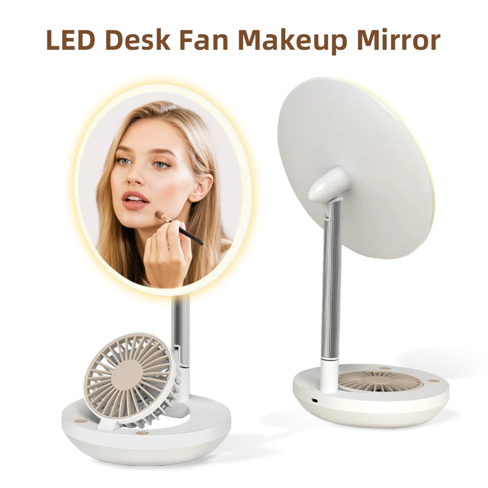 

2 in 1 Desk Fan Makeup Mirror Foldable Desktop Mirror 1800mAh Rechargeable Makeup Mirror with 3 Levels Fan
