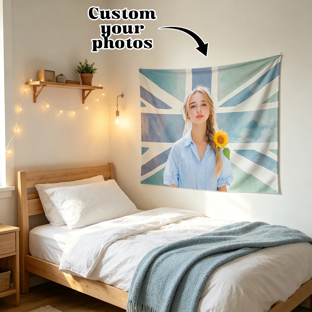 1PC Custom Photo Tapestry, Light Blue Union Jack Background Wall Hanging, Personalized Picture Cloth For Bedroom Dorm Wall Decor