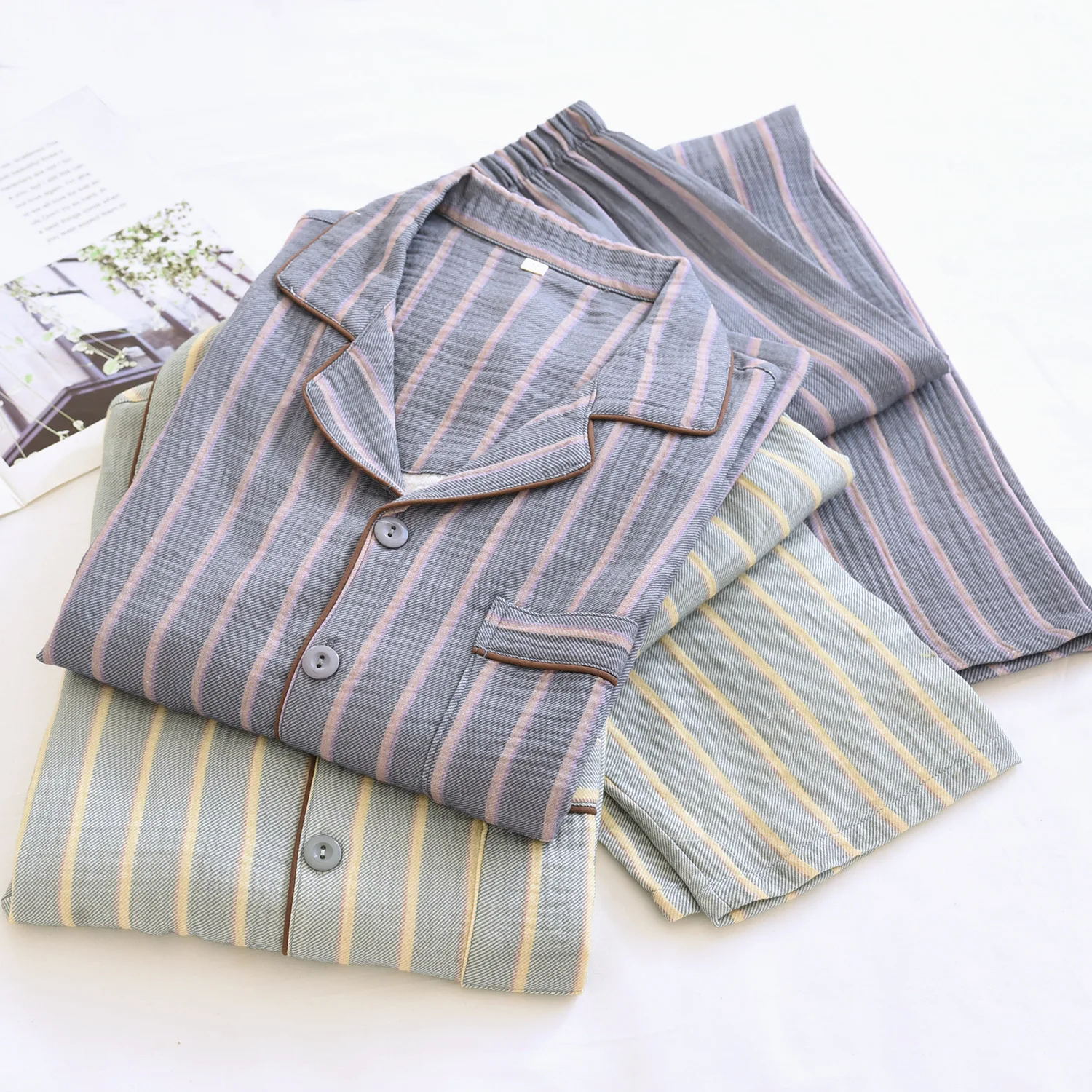 Stried Pajamas For Men Pyjamas Mew Autumn Sleepwear 100% Cotton Long Sleeve Nightwear Two Pieces House Suit Men Pijama