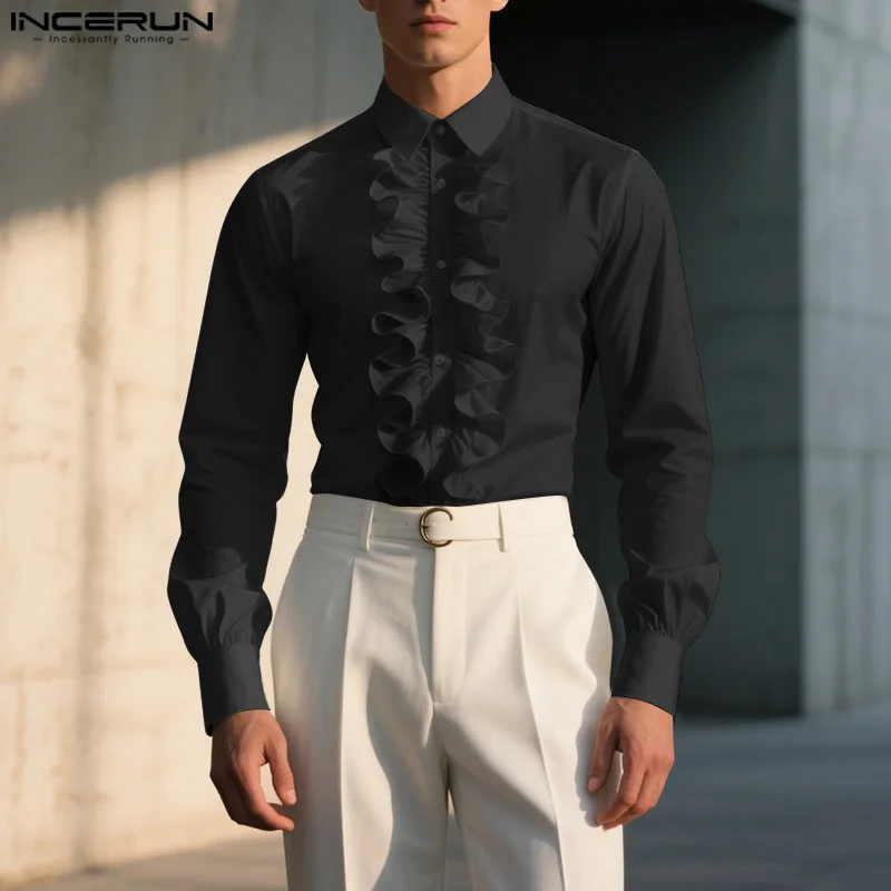 INCERUN Men Shirt Solid Color Lapel Long Sleeve Button Loose Men Clothing Ruffle Streetwear 2025 Elegant Fashion Casual Tops