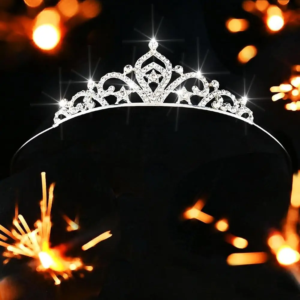 Tiara de Princesa con Pedrería, Diadema con Estrellas Plateadas, Accesorios para el Cabello de Cumpleaños para Niñas (Plateado, Talla Única)