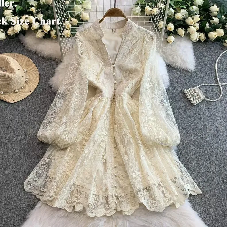 Summer Autumn Long Sleeve Lace Short Dress Women Crochet Embroidery Formal Evening Dresses Fairy Princess Sweet Palace Robe