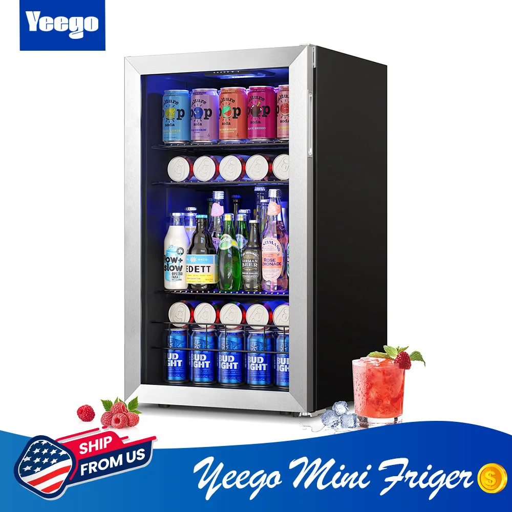 Yeego 3.1 Cu.ft Beverage Fridge - 121 Can Mini Refrigerator with Glass Door, Adjustable Thermostat Cooler for Home Office or Bar