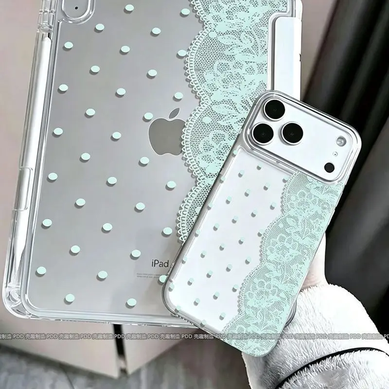 Coque de téléphone polyvalente et élégante, à motifs pois et en dentelle vert menthe, pour iPhone 18, 17, 16, 15, 14, 13, 12, 11 PRO, X, XR, MAX, 7, 8 PLUS, MINI.