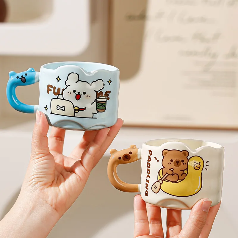 

Kawaii Ceramic Cup Cartoon Animal Breakfast Oatmeal Milk Water Cup Cute Funny Household Handle Ceramic Mug Gift Drinkware New