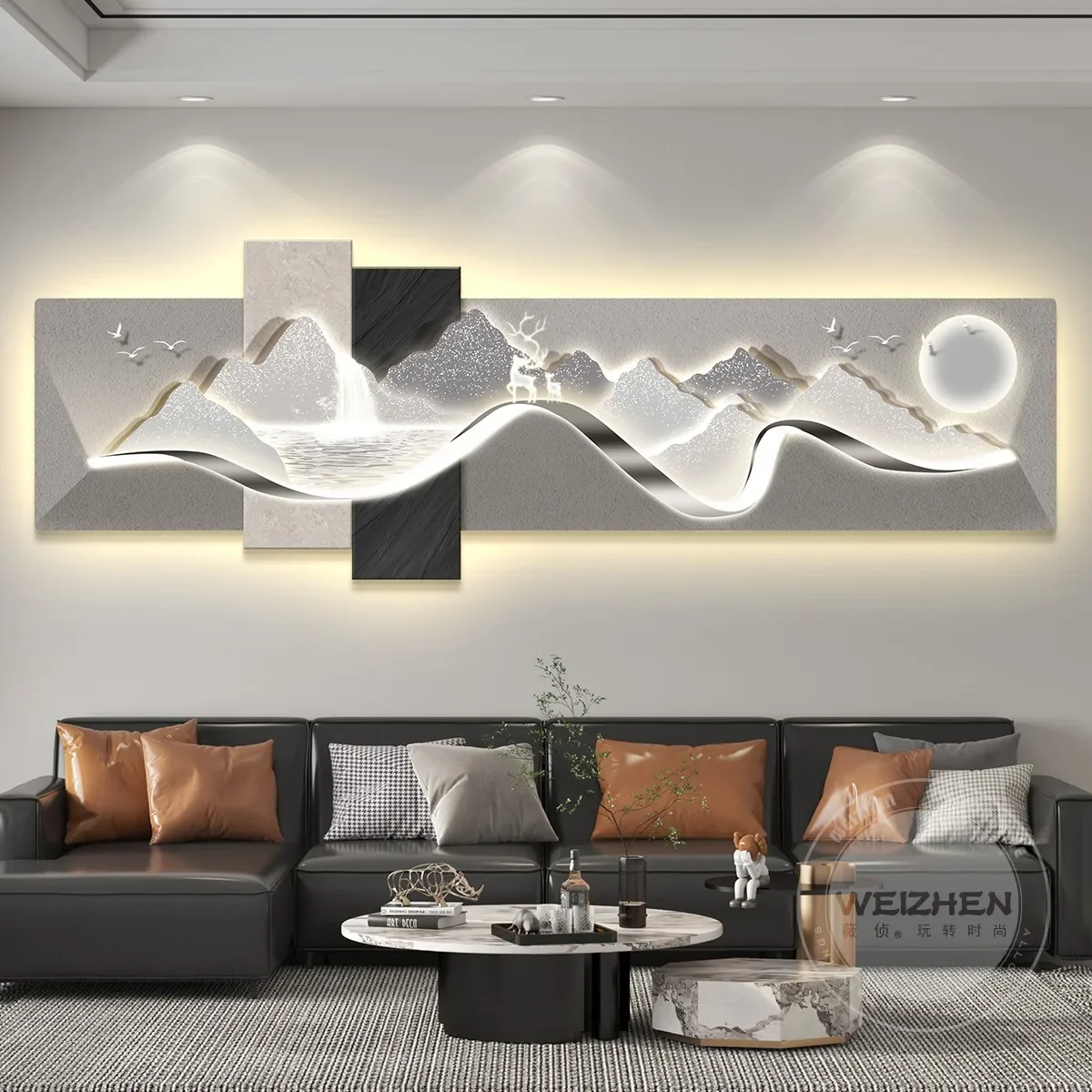 Light luxury led living room with lamp decorative sofa background wall hanging mural simple modern high-end banner