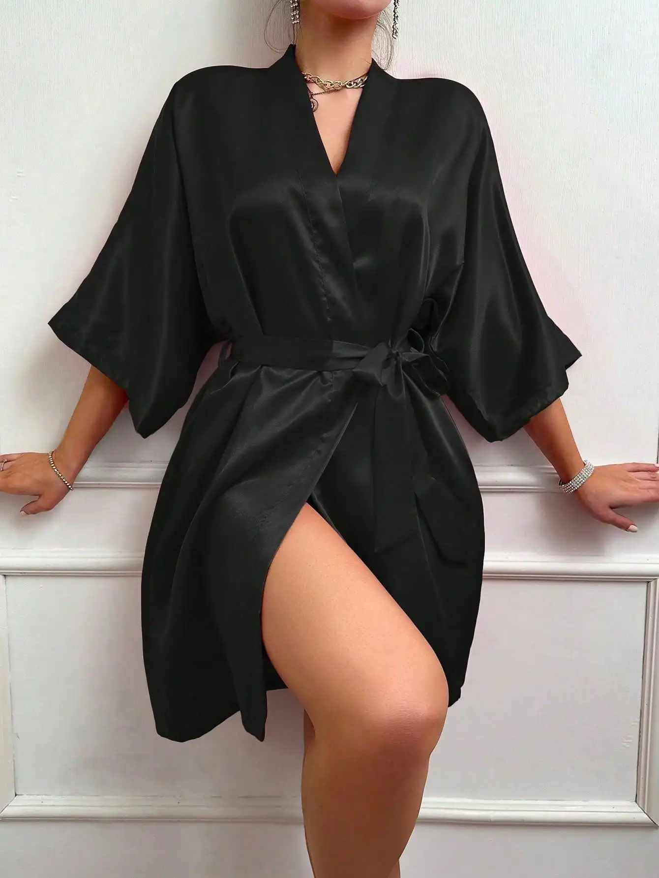 

Women's Black Satin Wrap Robe with V-Neck and Side Slit, Lightweight Loungewear