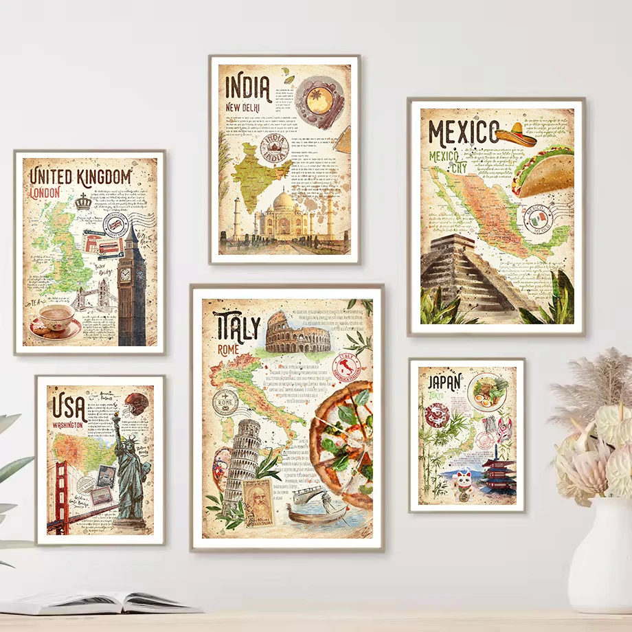مجردة العالم الكلاسيكية الغذاء خريطة السفر الهندي والمكسيك واليابانية الغذاء المشارك حائط لوح رسم الفن صور ديكور المطبخ المنزل