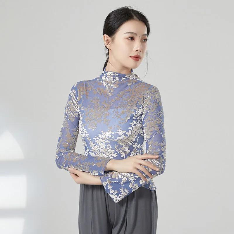 大人スリムフィット花柄メッシュフロックモックネックベリーダンス長袖ブラウスショートトップ衣装女性のための運動ダンス服