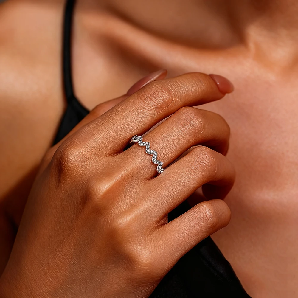TEMGF Full 1.25mm Moissanite Ring With GRA 925 Sterling Silver Women's Simple Stacked Wave Tail Ring Party Commute Fashion Item
