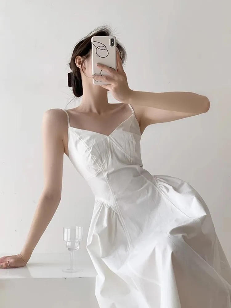 White Minimalist Suspender Dress, Women\'S Summer V-Neck Design, Sweet And Elegant, Unique Dress