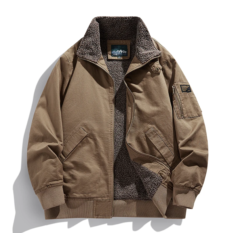 

Men's winter lamb wool casual windbreaker jacket, workwear top, stand collar military bomber jacket, washed cotton jacket