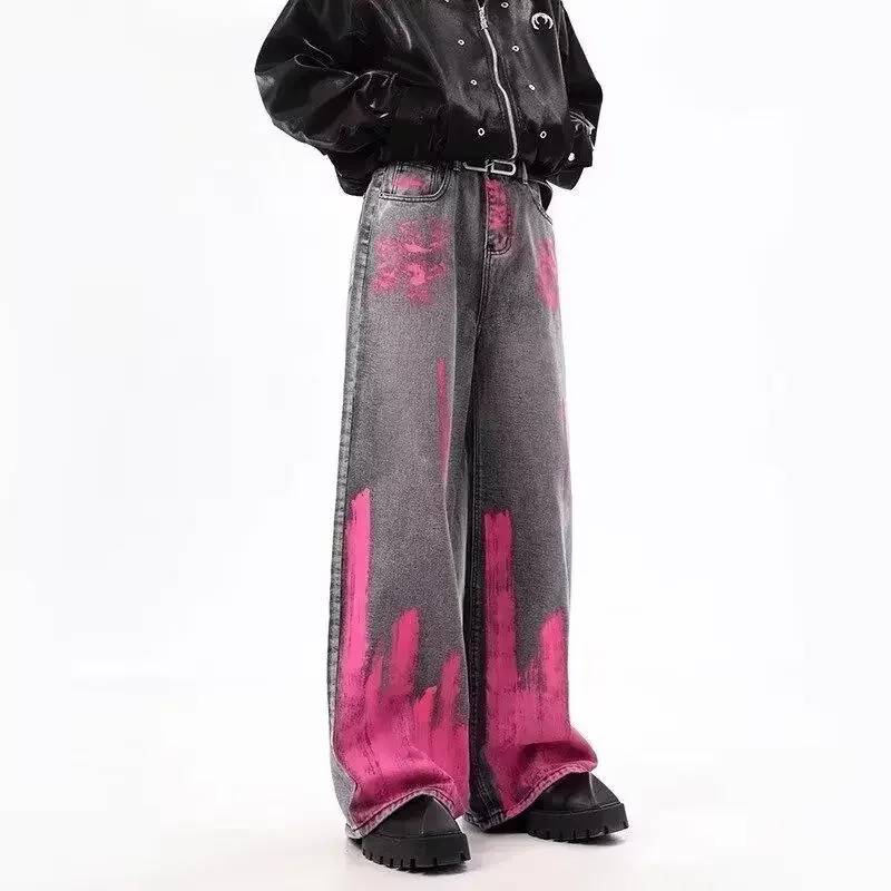 Juspinice メンズ バギー グレー ピンク ゴシック ジーンズ 原宿 オーバーサイズ ハイウエスト デニム パンツ 2000年代 ジーンズ ヴィンテージ タキシード風服