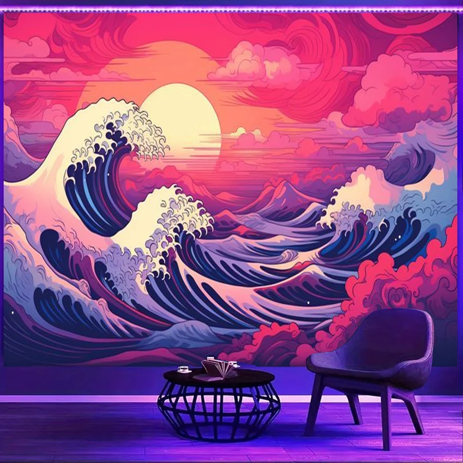 1PC Pink Wave Sun Ukiyo E Print Backdrop Banner, Bedroom Living Room Photo Background, Polyester, Home Decor, Wall Art