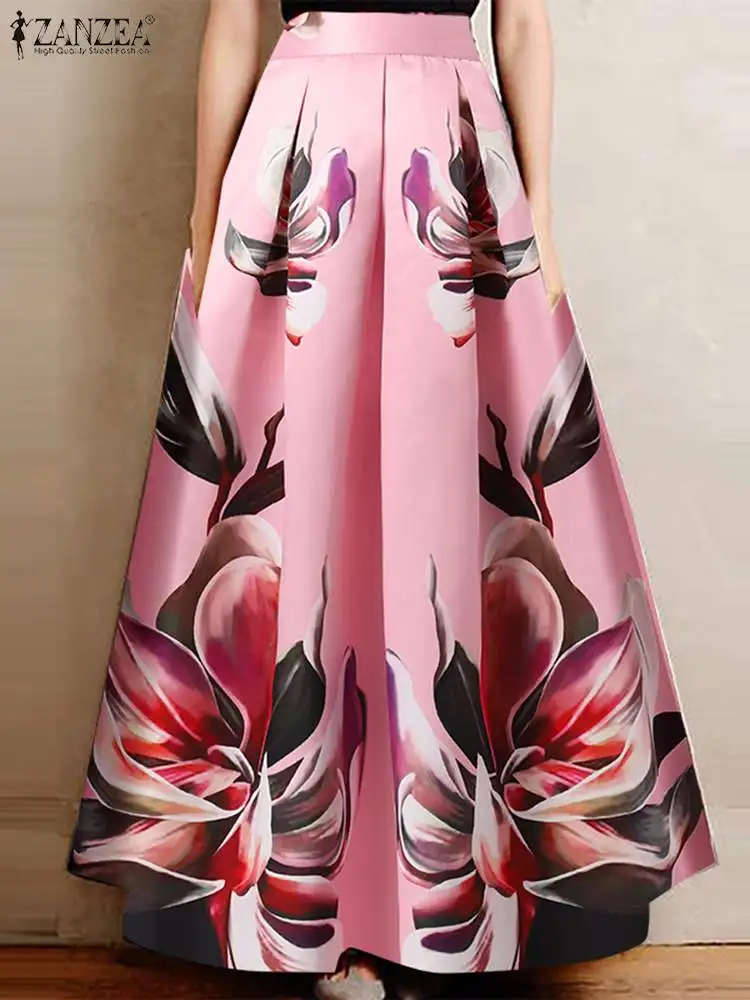 

Bohemian Floral Printed Maxi Skirts Women Autumn High Waist A-line Holiday Robe ZANZEA Fashion Pleated Faldas Saia Party Vestido