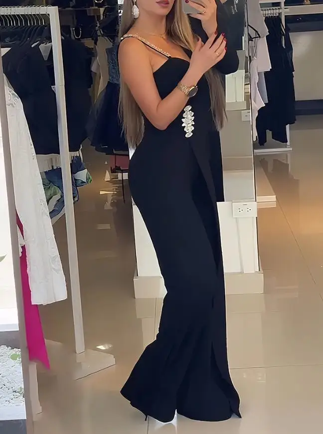 

Повседневный комбинезон на одно плечо со стразами и длинными рукавами, широкий комбинезон для женщин