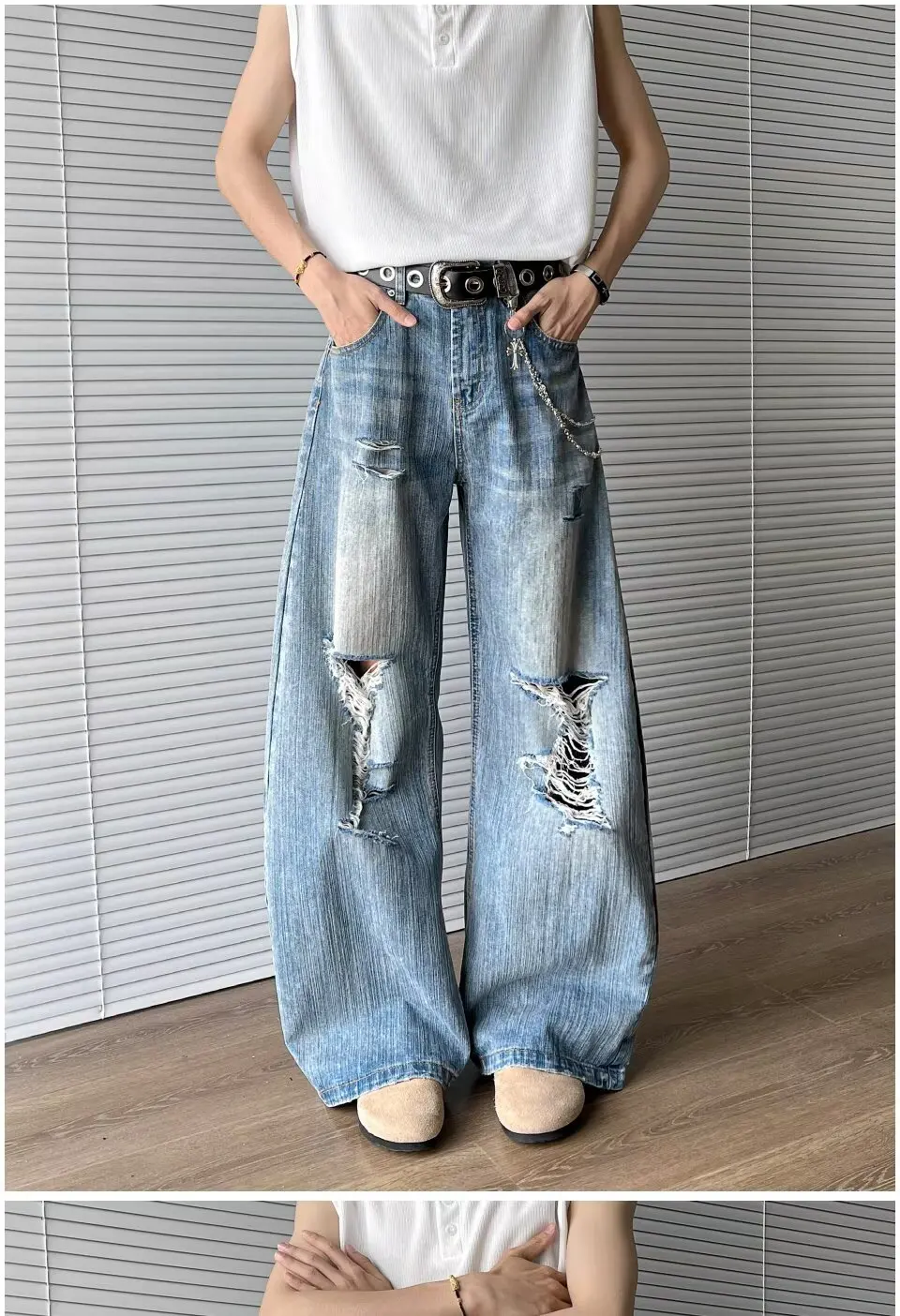 2025 Trashy Y2K Streetwear Washed Blue Baggy Ripped Jeans Hosen für Männer 90er Jahre Vintage Kleidung Straight Distressed Denim Hosen – Detail 4