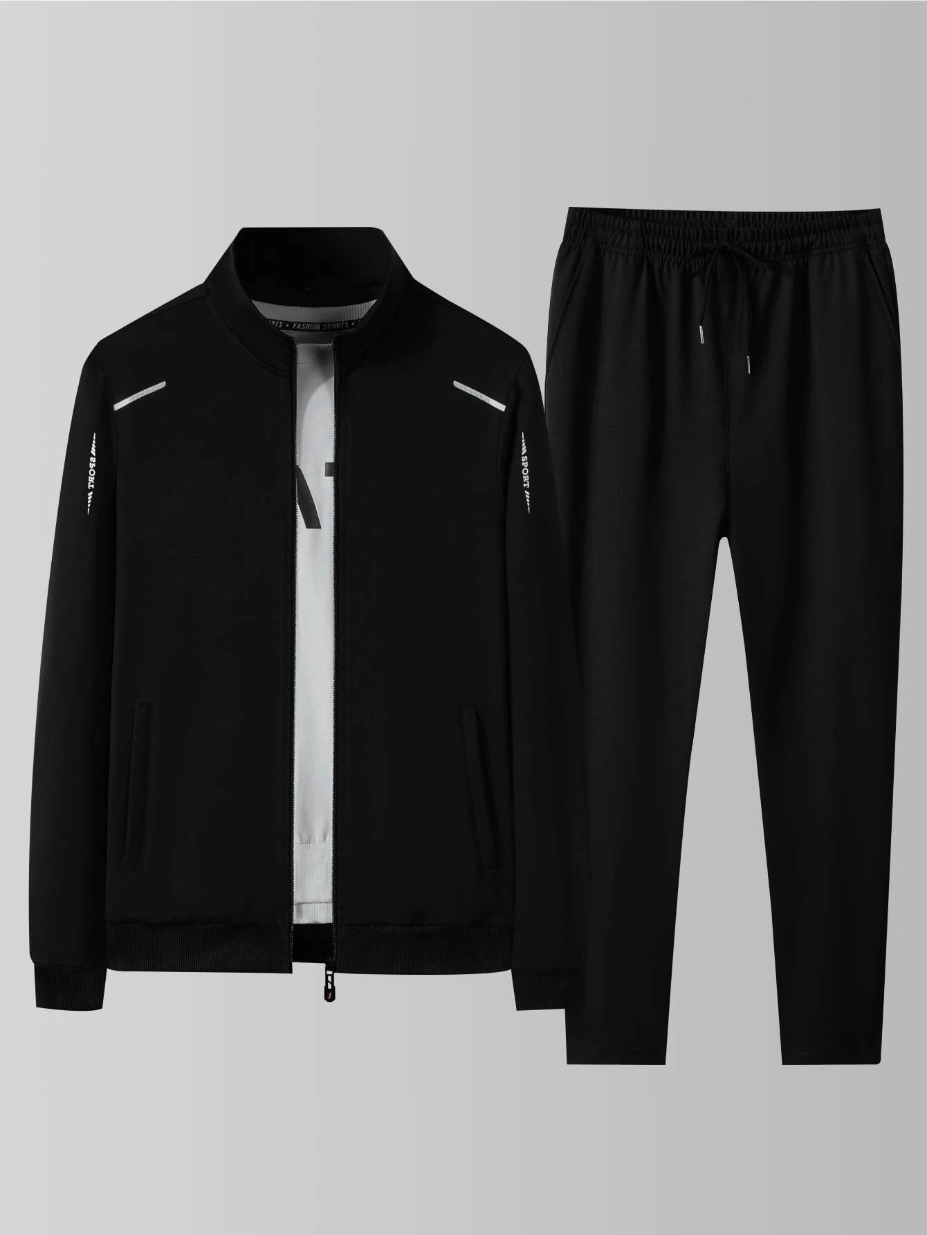 Men's Casual Sportswear Set, Spring and Autumn Stand-Up Collar Open Jacket, Elastic Waist Pants, Two-Piece Set, Fashionable Runn
