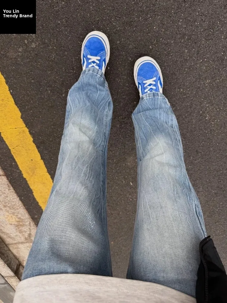 

Мужские джинсы Slim Fit с принтом молнии, прямые, расклешенные, в американском уличном стиле, повседневные, весенние