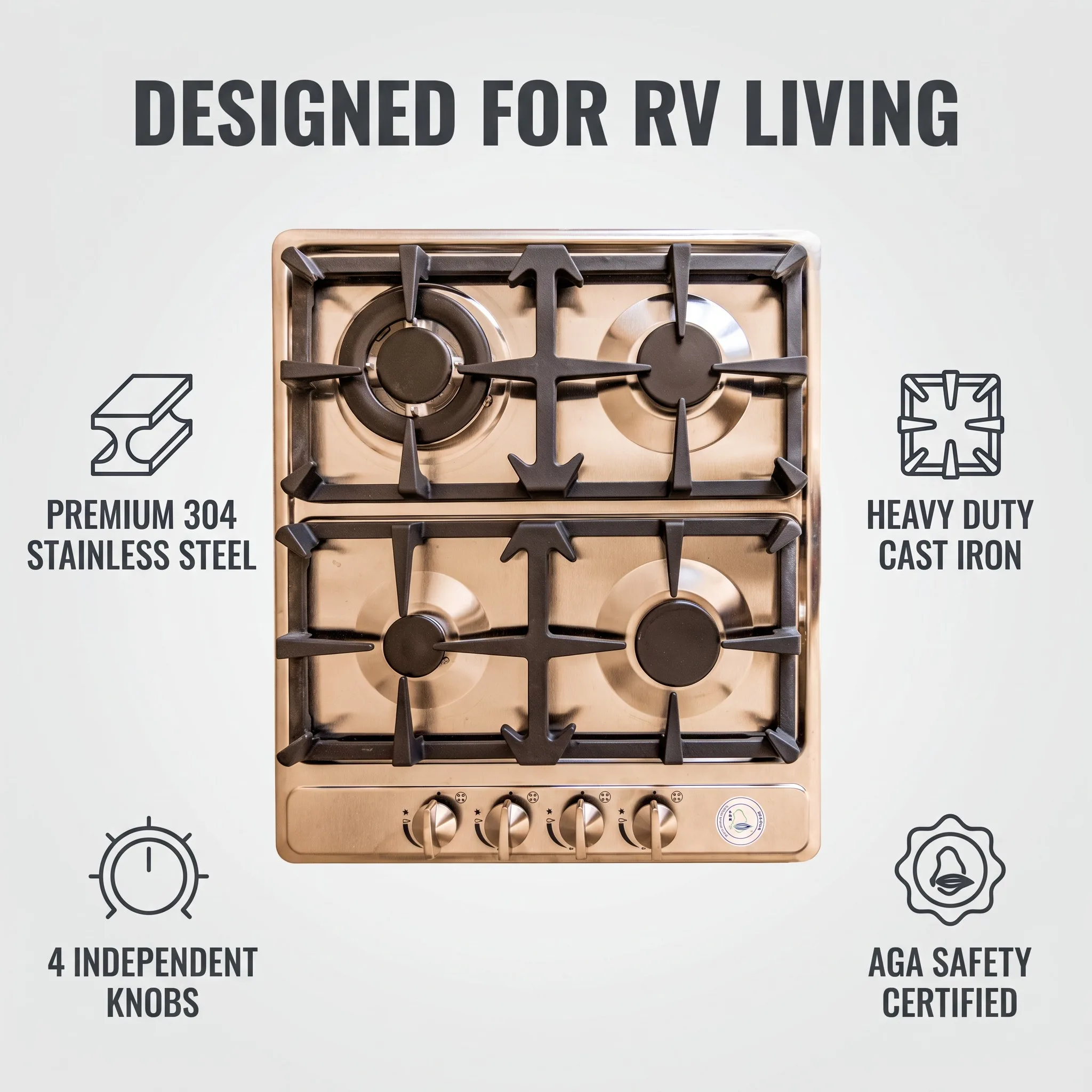 AGA Certified RV Kitchen 4-Burners Gas Cooktop 304 Stainless Steel Built-in Gas Stove for Motorhome Caravan Camping
