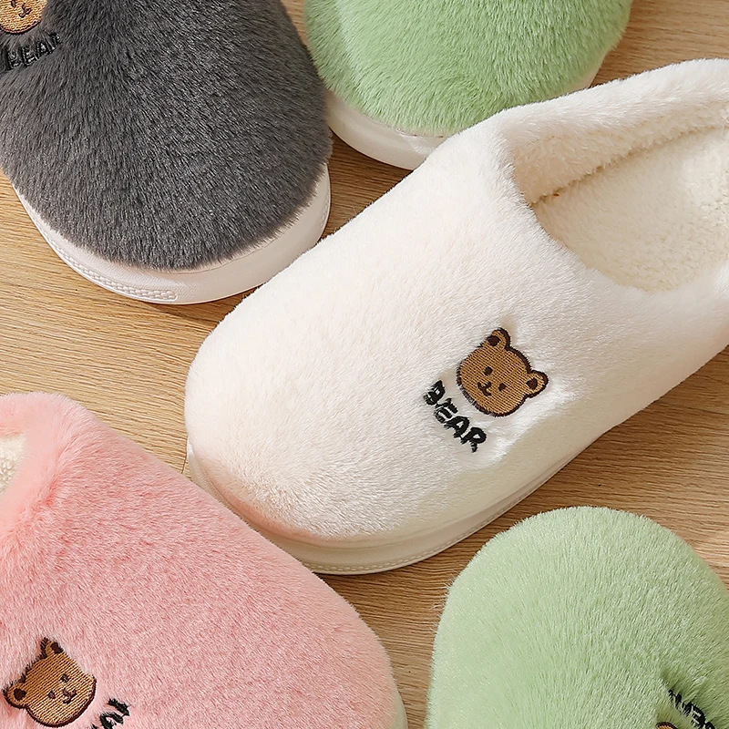 Warm Winter Cartoon Bear Print Women Plush Fur Slippers Men Slip On Girls Ladies Man Home Cotton Shoes