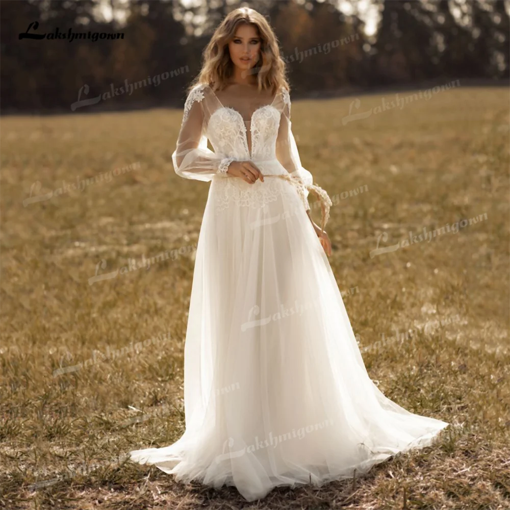 Romantic A Line Boho Wedding Dress Long Sleeves Tulle Bridal Gown  Sweetheart Wedding Gowns vestidos de novia Customized - AliExpress 320