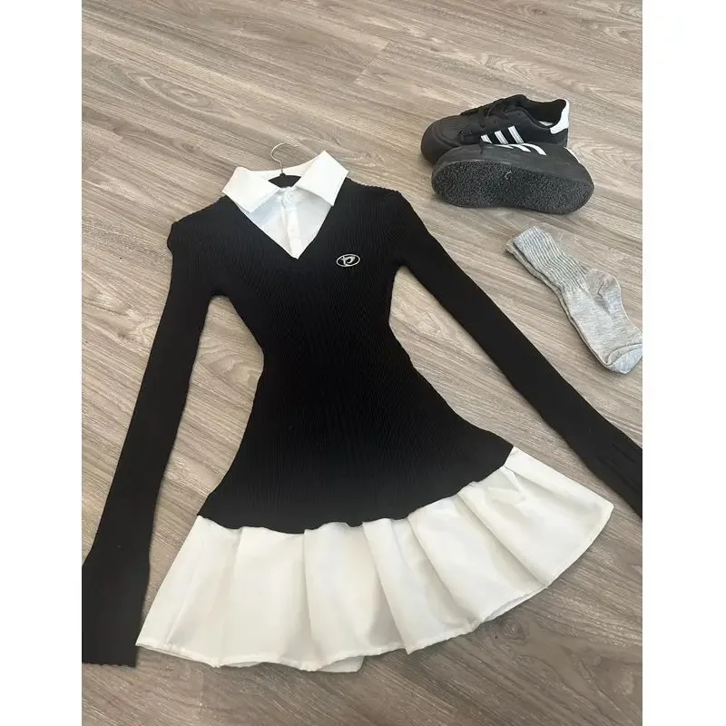 Spring New College Style Splicing Shirt Pleated Dresses Women Clothing Slim Fit Polo Neck Long Sleeve Wool Black Short Dress