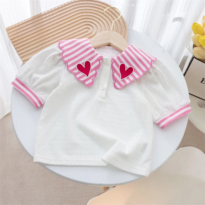 Girls\' Sweet Skirts Set Summer Stripe Turn Down Collar Short Sleeve T-shirt Top + Fashion Cake Skirt Pants Two Piece Suit