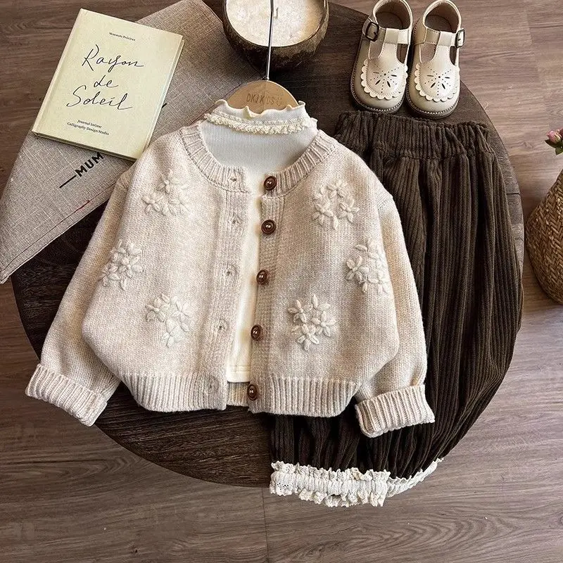 Children Fashion Elegance Tops Clothing Autumn Spring Baby Girls Clothes Set Embroidered sweater+Base Shirt+Pants 3Pcs Suit