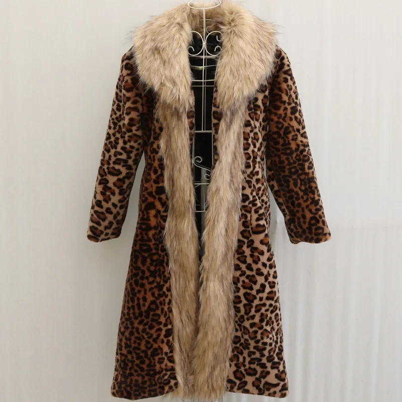 Abrigo largo de piel sintética de leopardo para mujer, chaqueta grande, abrigo grueso con cuello vuelto, chaquetas cálidas Maxi, Otoño e Invierno