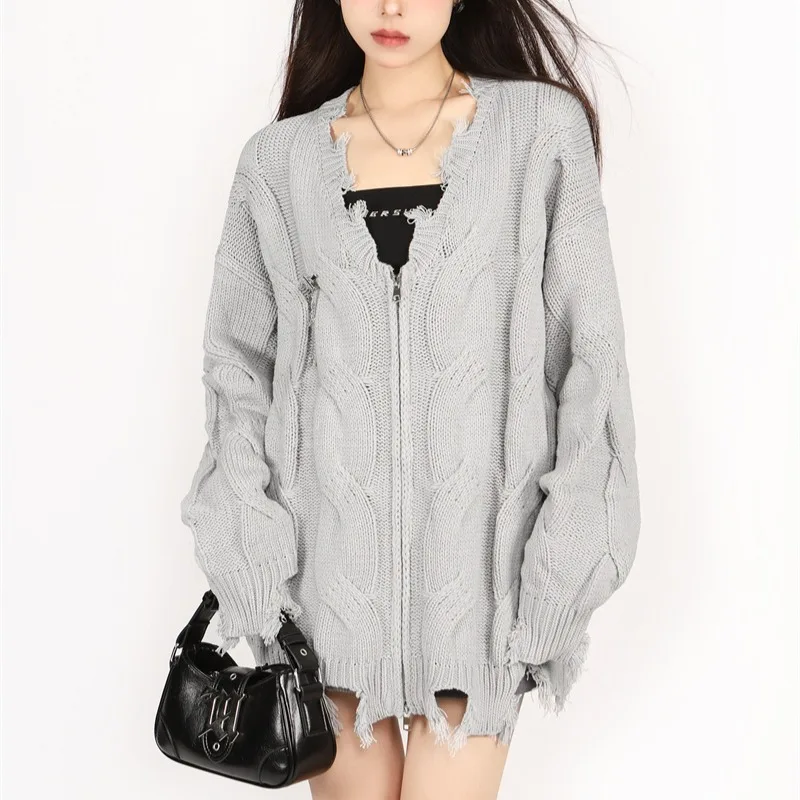 Cardigan Women Irregular Tassel V-neck Knitted Casual Hole Design All-match Solid Spring Autumn Outwear Korean Fashion Soft Ins