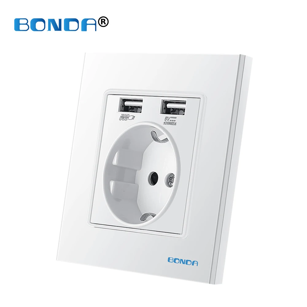 

Настенная розетка BONDA USB с двойным USB-портом, стандарт ЕС/Германия, 110-250В, 16А, белая, из закаленного хрустального стекла
