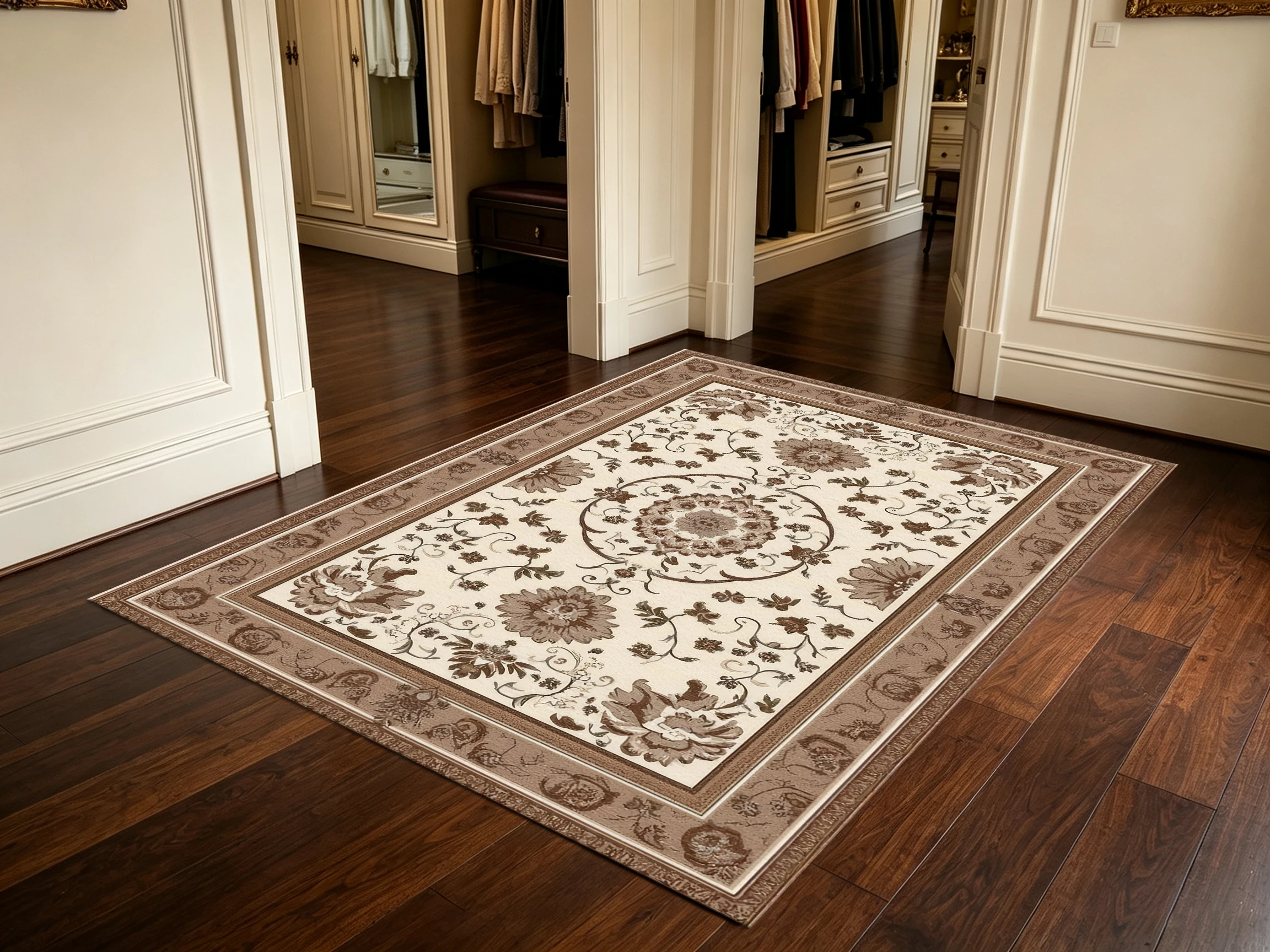 2D Carpet, 2D Large Carpet, Beige Brown, European Retro Style, with Floral Patterns.   Soft to the Touch, Suitable for Use in Living Rooms and Other Areas.