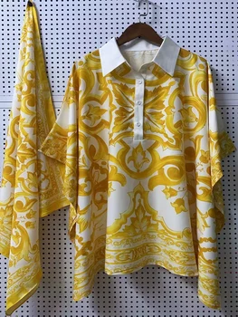 רטרו יוקרה מודפס דש lapel רופף מזדמנים ישר העליון הקיץ נשים חדש חולצת ג 'וקר אופנה חדשה עם pullover צעיף משי.