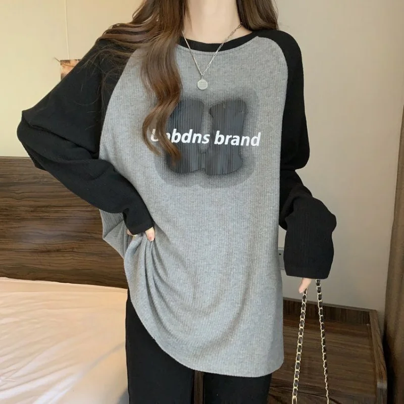 Trend Plus Size Print T Shirt Tops Spring Autumn Long Sleeve O-neck Loose Contrast Pullovers Top Casual Fashion Women Clothing