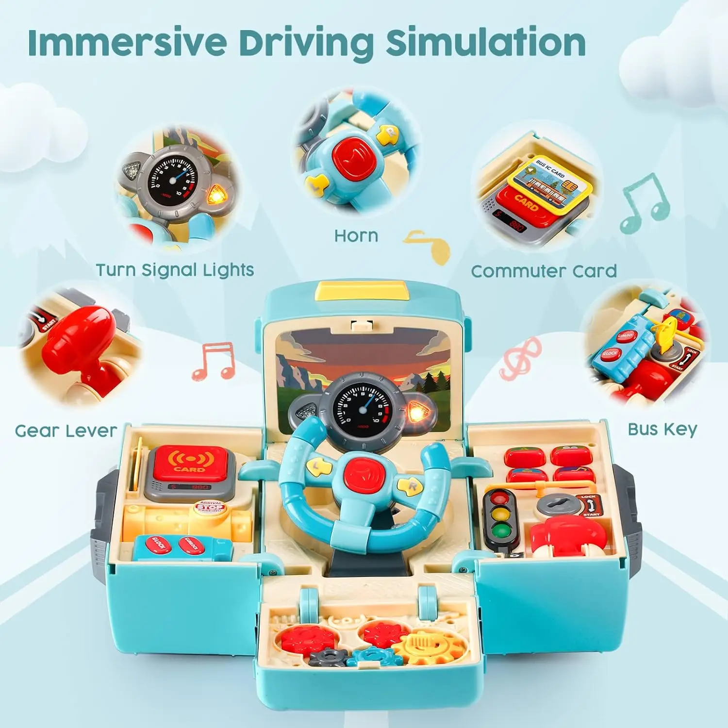 Montessori Bus Toy with Sound and Light, Kids Simulation Steering Wheel Gear Toy, Toddlers Simulation Driving Bus Toys