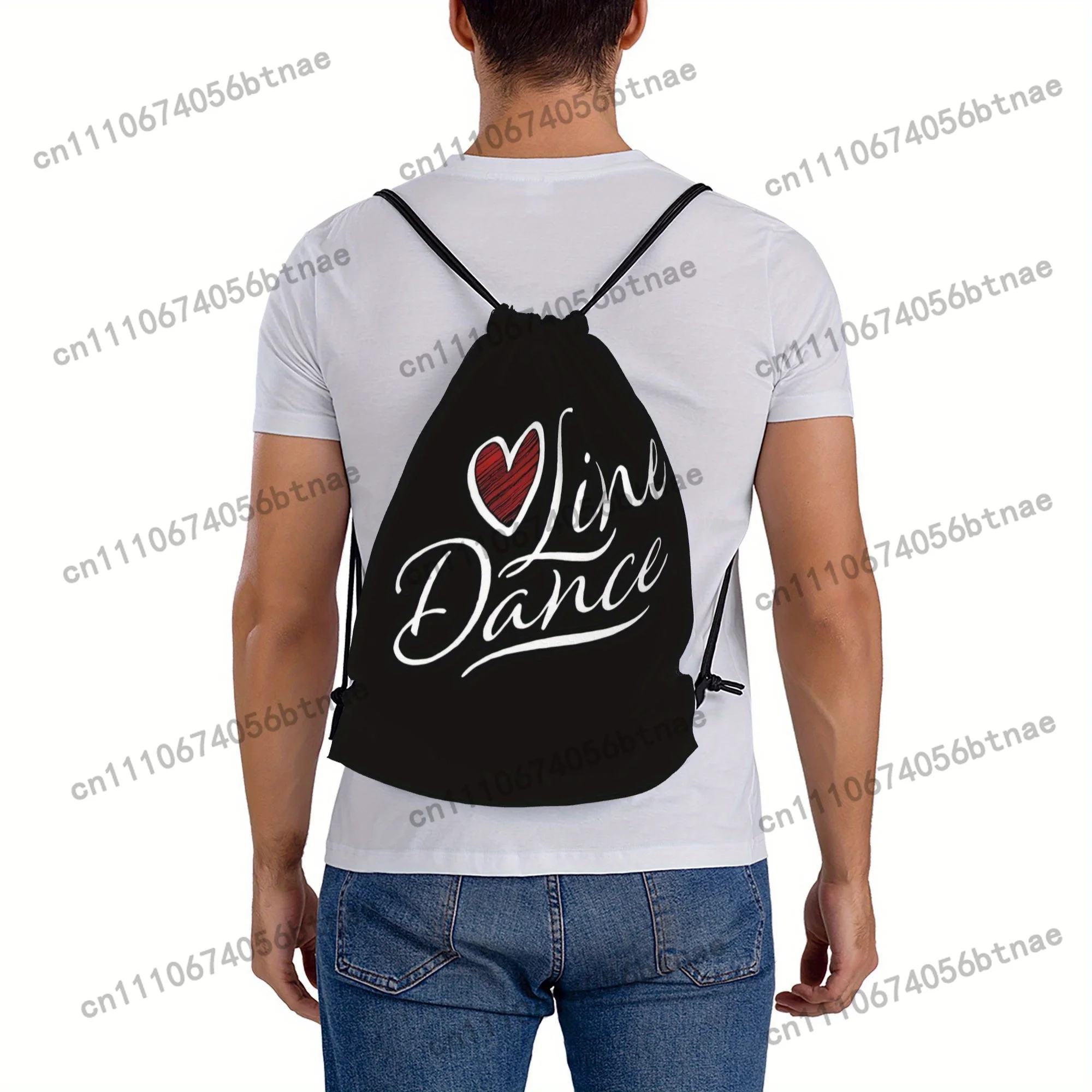 LOVE Line Dance Drawstring Bag - Black with White Heart & Lettering, Soft Shell Gym Sports Travel Backpack, Machine Washable Cas view 6