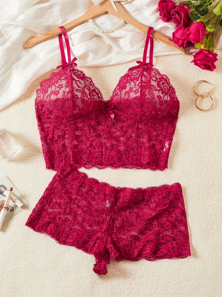 

Подарок на День святого Валентина, винно-красный кружевной комплект без косточек, сексуальная прозрачная французская романтическая одежда для сна, соблазнительная внутренняя одежда для интимной близости
