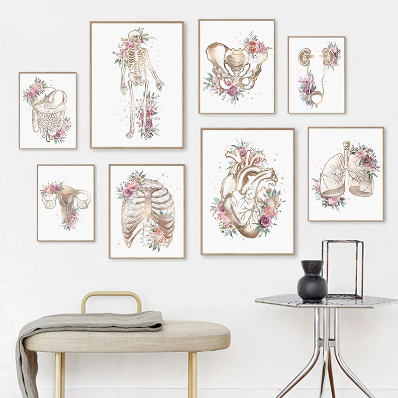 Anatomy Posters Floral Human Organ Heart Brain Bones Watercolor Medical Print Wall Art Canvas Painting Pictures For Clinic De