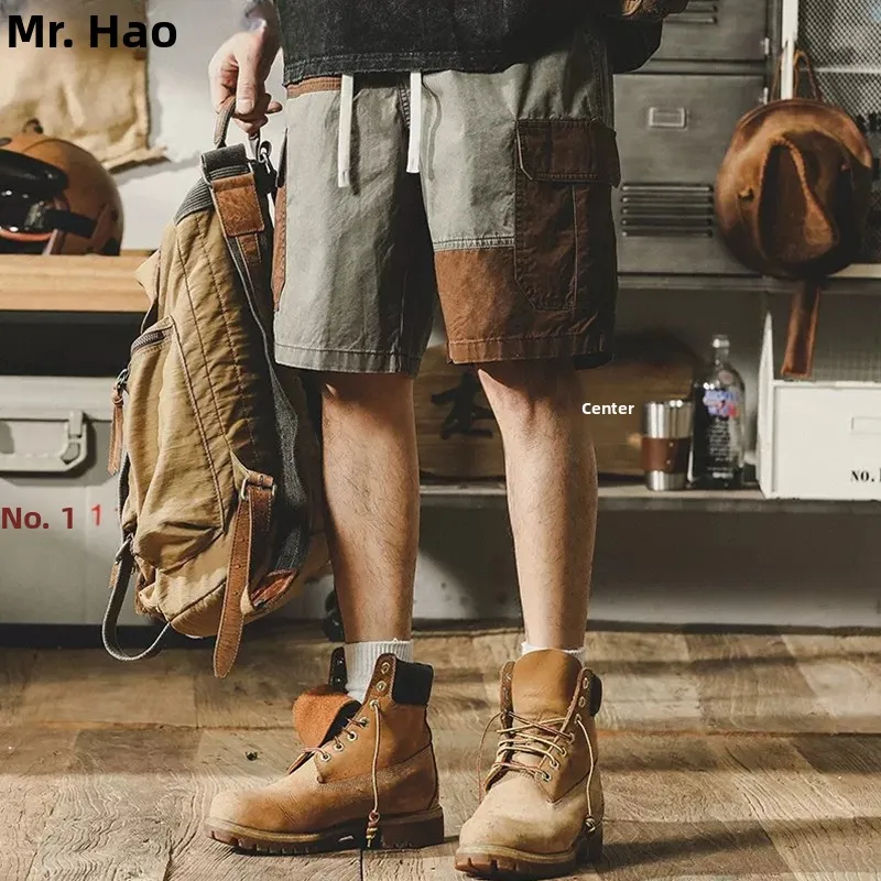 

Американская рабочая одежда контрастного цвета в стиле ретро, мужские летние свободные повседневные брюки с пятью точками, модные брюки для отдыха средней температуры