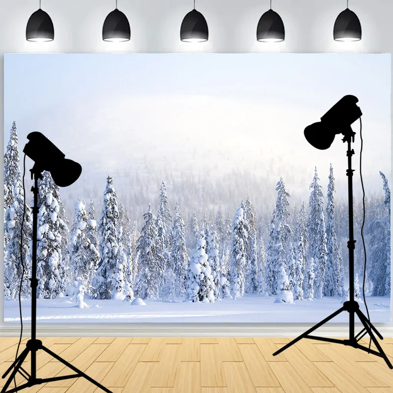 Snowflake Pine Forest Frozen Stream Photography Background Frost Snow Hill Winter Wonderland Photo Studio Backdrops AM-07